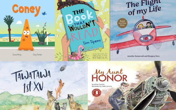 Composite image of five picture book titles: Coney, The Book That Wouldn't Read, The Flight of my Life, Tawataw 1st XV, My Aunt Honor