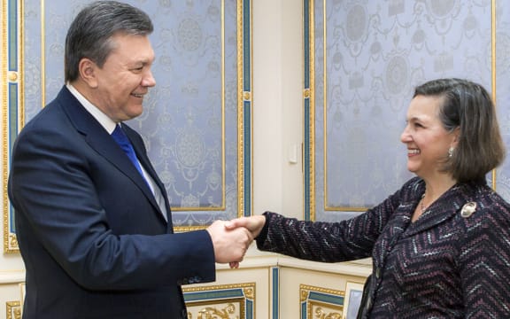 Ukraine's President Viktor Yanukovych with Victoria Nuland in Kiev on Thursday.