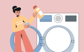 Woman doing laundry. Female character with washing gel loading washing machine. Flat vector illustration.