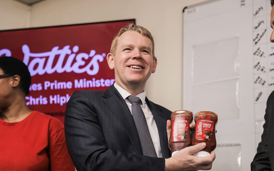 Labour leader Chris Hipkins and Labour MP for Tukituki Anna Lorck visit the Watties factory in Napier while on the campaign trail on 21 September 2023.