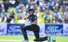 Suzie Bates plays an attacking shot during the White Ferns' T20 international against Sri Lanka at Hagley Oval, 16 March, 2025.