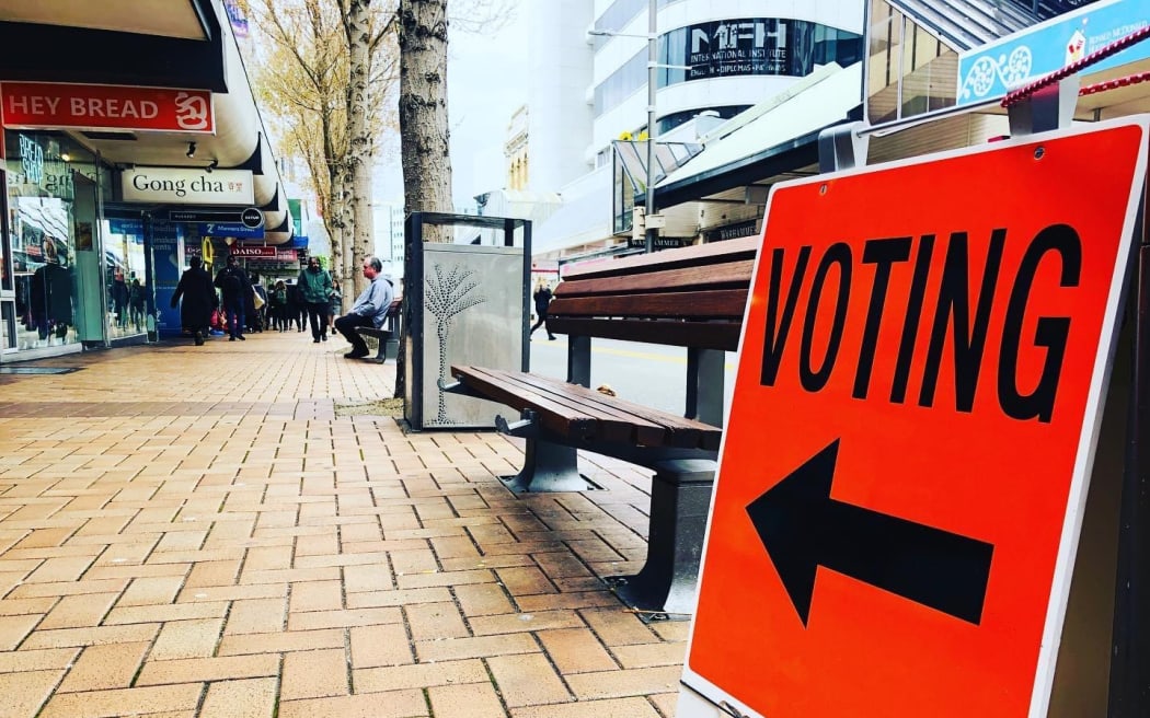 惠灵顿市中心礼仪街的一个标志指向投票站