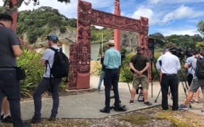 Media outside Te Mānuka Tūtahi marae.
