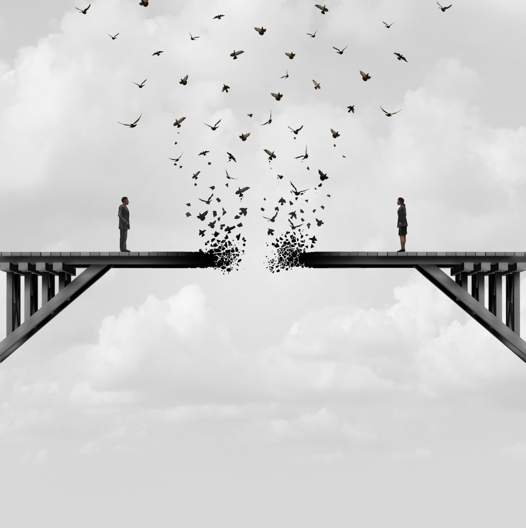 Divorce and separation as a couple on a broken fading bridge flying away as a divided relationship concept with 3D illustration elements.