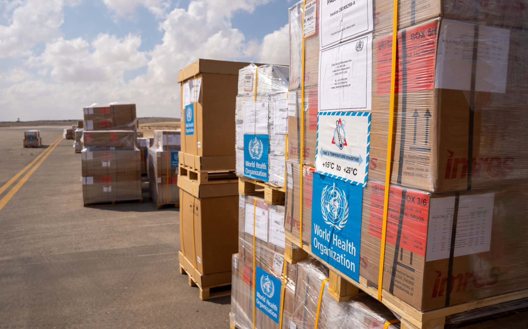 Aid supplies for Gaza provided by the World Health Organization (WHO) arrives at the Arish airport in Egypt’s north Sinai Peninsula on October 15, 2023.