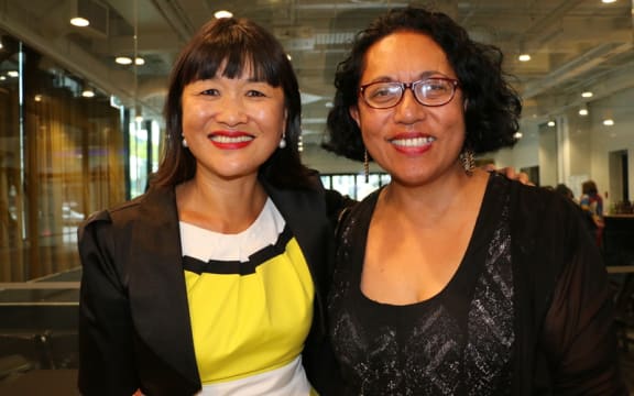 Mai Chen with a member of the Super Diverse Women's Network at their 2017 launch.