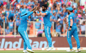 Jasprit Bumrah of India celebrates the wicket of Mohammad Rizwan of Pakistan during the ICC Men's Cricket World Cup India 2023 between India and Pakistan at Narendra Modi Stadium on 14 October, 2023 in Ahmedabad, India.