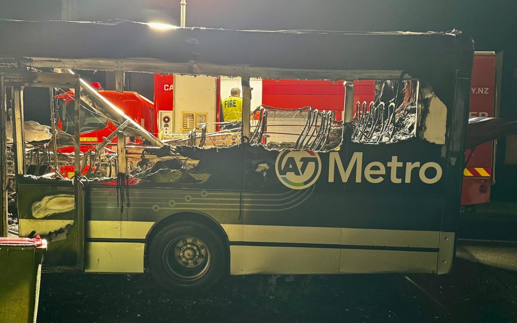 Wreckage of a diesel bus that caught fire in Epsom about 6.10pm on Sunday 24 May 2025. An Auckland Transport spokesperson said the driver promptly raised the alarm and made sure all passengers got off safely.