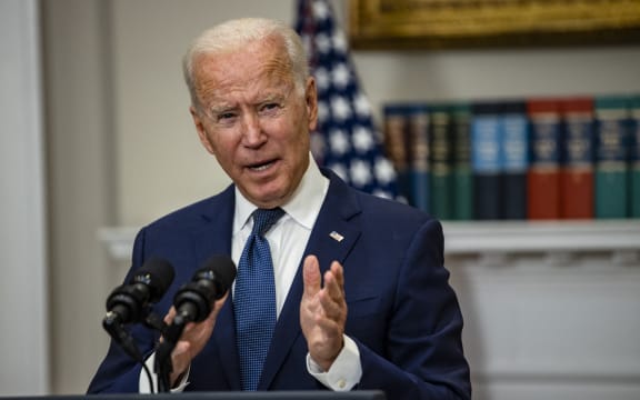 US President Joe Biden speaks in the Roosevelt Room on the continuing situation in Afghanistan.