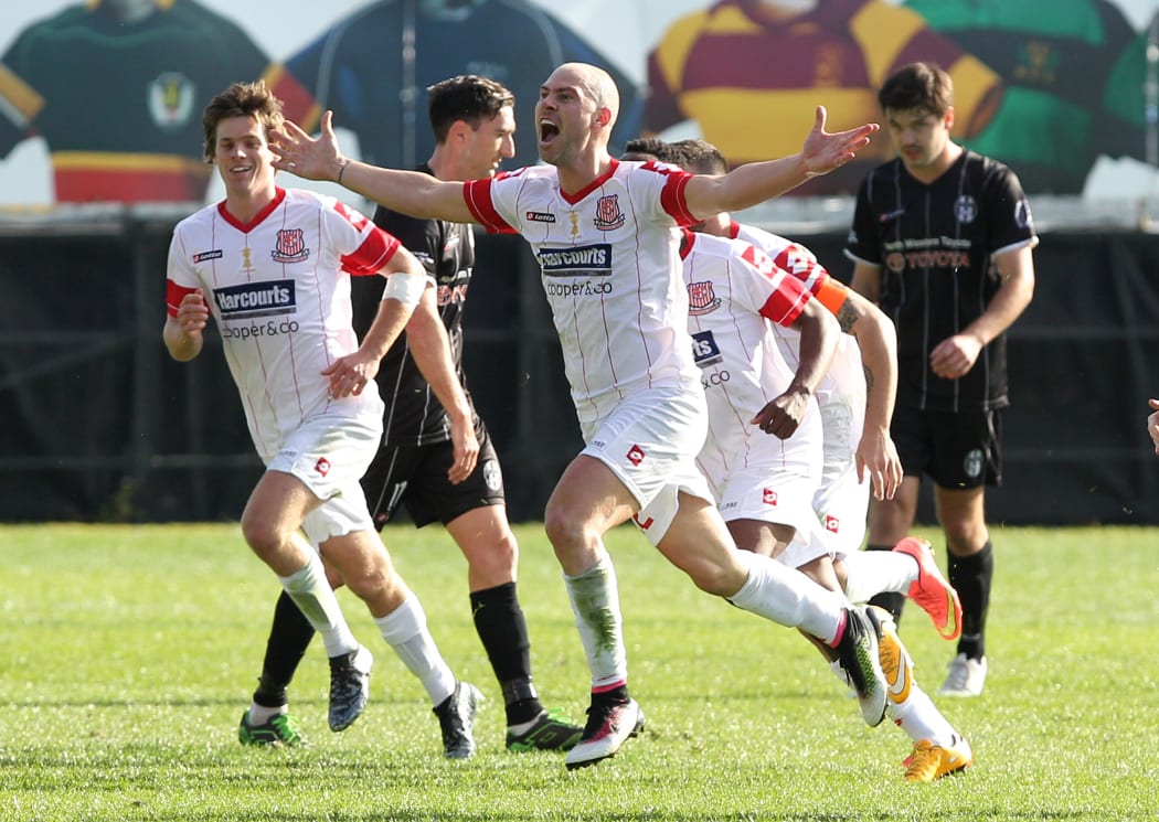 Birkenhead's Jarrod Smith celebrates his goal in the 2016 Chatham Cup Final.