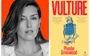Writer Phoebe Greenwood next to the book cover for her novel 'Vulture'.