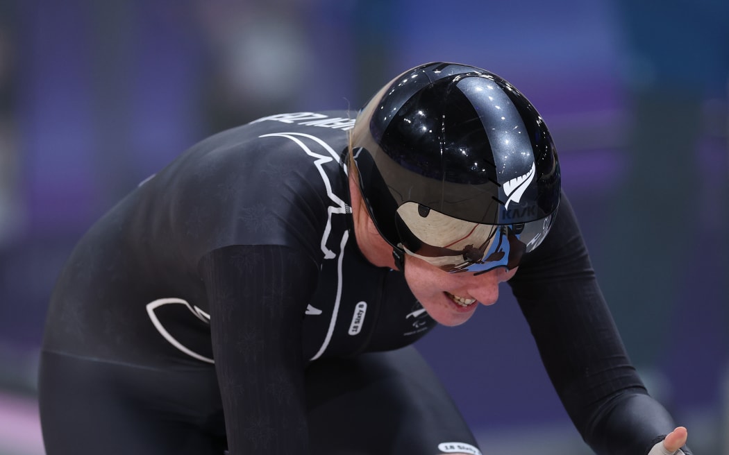 PARIS, FRANCE - AUGUST 30: Anna Taylor of Team New Zealand reacts after finishing second in the Women's C4 3000m Individual Pursuit Final on day two of the Paris 2024 Summer Paralympic Games at Saint-Quentin-en-Yvelines Velodrome on August 30, 2024 in Paris, France. (Photo by Fiona Goodall/Getty Images for PNZ)