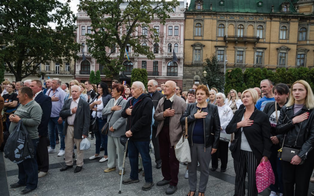 Relatives of the Mariupol fighters take part in the action to honour the soldiers in Olenivka and to remind people about the living Ukrainian prisoners of war in Lviv, Ukraine, on 4 September, 2022.