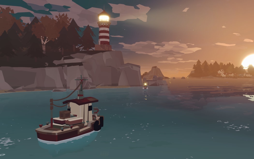 A screenshot from the video game DREDGE. A little fishing boat sits in the sea at sunset. It is passing cliffs, with dense trees and a lighthouse beaming out into the evening air.