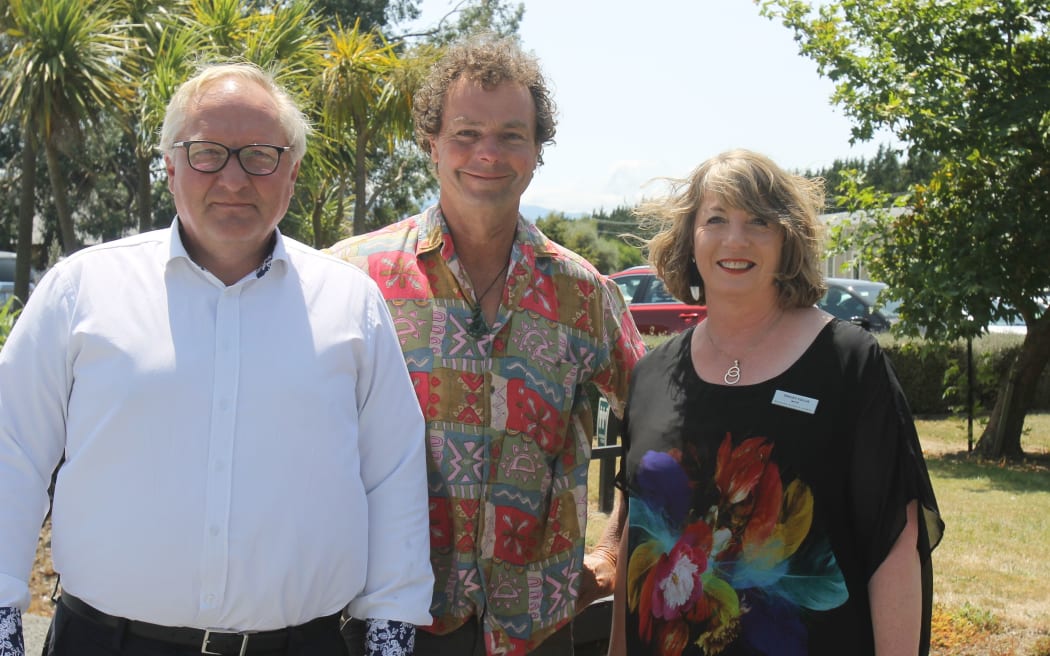 Mayors Alex Beijen, left, of South Wairarapa, and Greg Lang of Carterton, centre, with Tararua's Tracey Collis.
