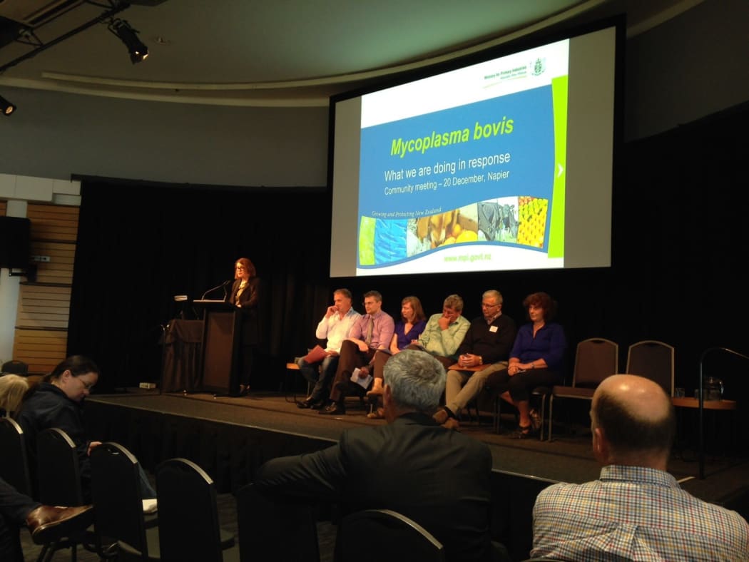 MPI, Federated Farmers and the Rural Support Trust front to farmers about mycoplasma bovis at a meeting in Napier.