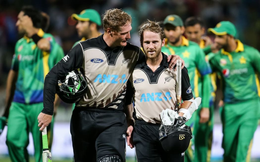 Martin Guptill (L) and Kane Williamson after their record opening partnership in the second T20 match vs Pakistan at Seddon Park, Hamilton on Sunday 17 January 2016. Copyright Photo: Bruce Lim / www.photosport.nz