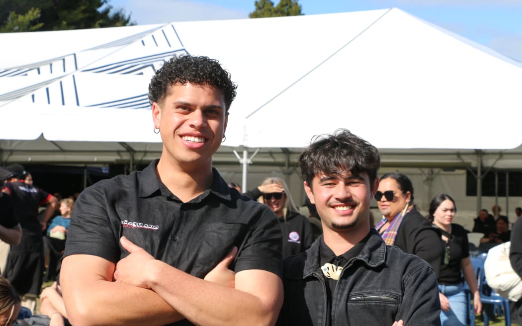 Rhoen Hemara and Rawiri Howard, ākonga of Te Wānanga o Takiura at Koroneihana celebrations 2025.