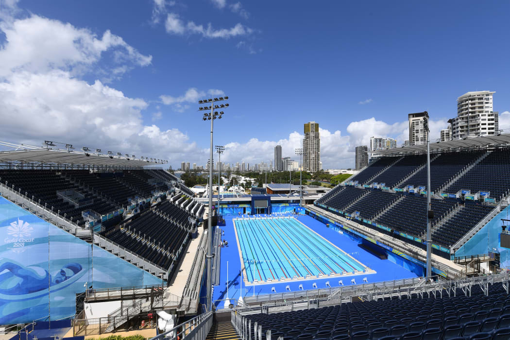 A general view shows the swimming pool and spectator stands of the Optus Aquatic Centre (GAC), ahead of the 2018 Gold Coast Commonwealth Games, on March 31, 2018. / AFP PHOTO / Anthony WALLACE