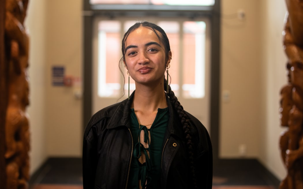AUT student Maia Staples-Fletcher, photographed in Te Pou Maori.