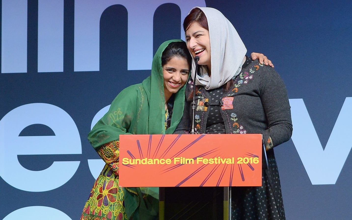 Sonita Alizadeh and Rokhsareh Ghaemmaghami accept the Audience Award for a world cinema documentary at the Sundance Film Festival Awards.