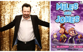 Author Sam Smith and the cover of his new children's graphic book Miles and Jones: The Blizzard of Blobs