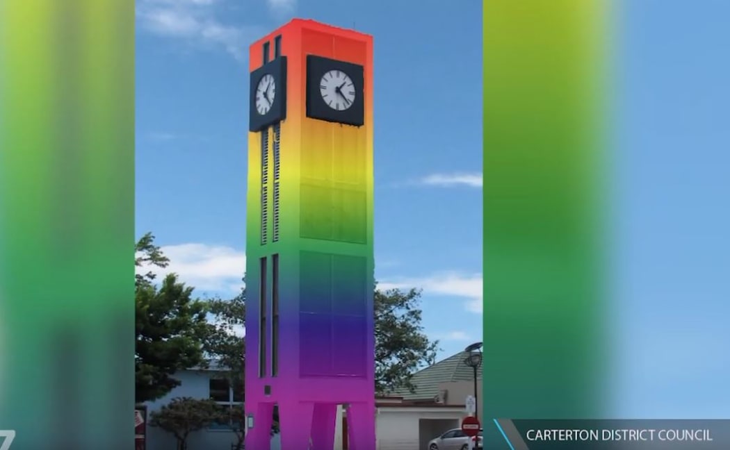 The rainbow colour option for Carterton's central clock tower.