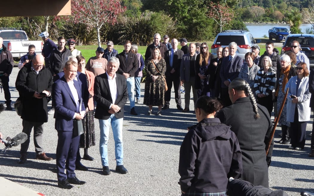 Prime Minister Chris Hipkins is formally welcomed to Westport by Te Rūnanga o Ngāti Waewae prior to the flood resilience announcement on Friday.