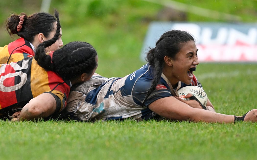 Liana Mikaele-Tu'u scores a try.
Auckland Storm v Waikato. Farah Palmer Cup Women's Provincial Rugby Union, Colin Maiden Park in Auckland, New Zealand. Sunday 20 August 2023. © Photo: Andrew Cornaga / www.photosport.nz