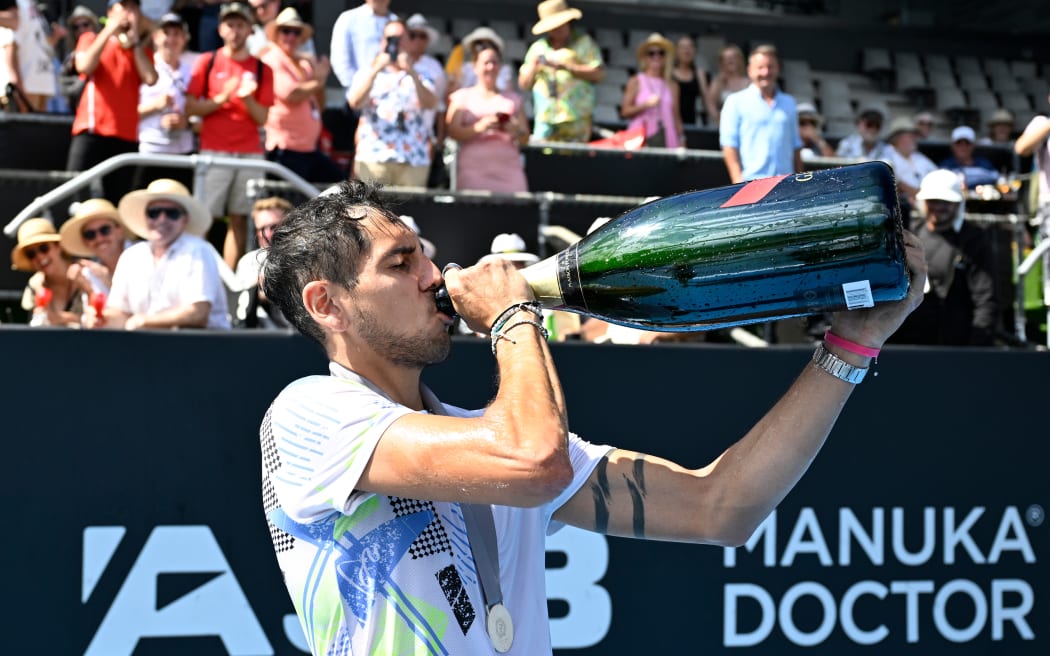 Alejandro Tabilo of Chile celebrates his singles final win against Taro Daniel of Japan at the ASB Classic tennis tournament.