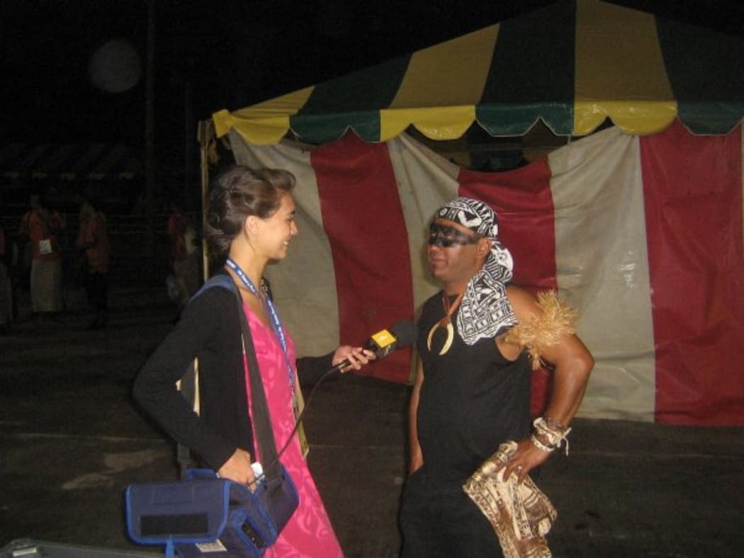 Leilani Momoisea (L) interviewing a participant at the Pacific Arts Festival in American Samoa, 2008.