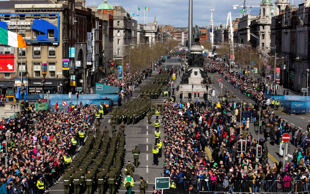 Members of the Irish security services march through central Dublin as part of the commemorative events to mark the 100th anniversary of the Easter Rising.