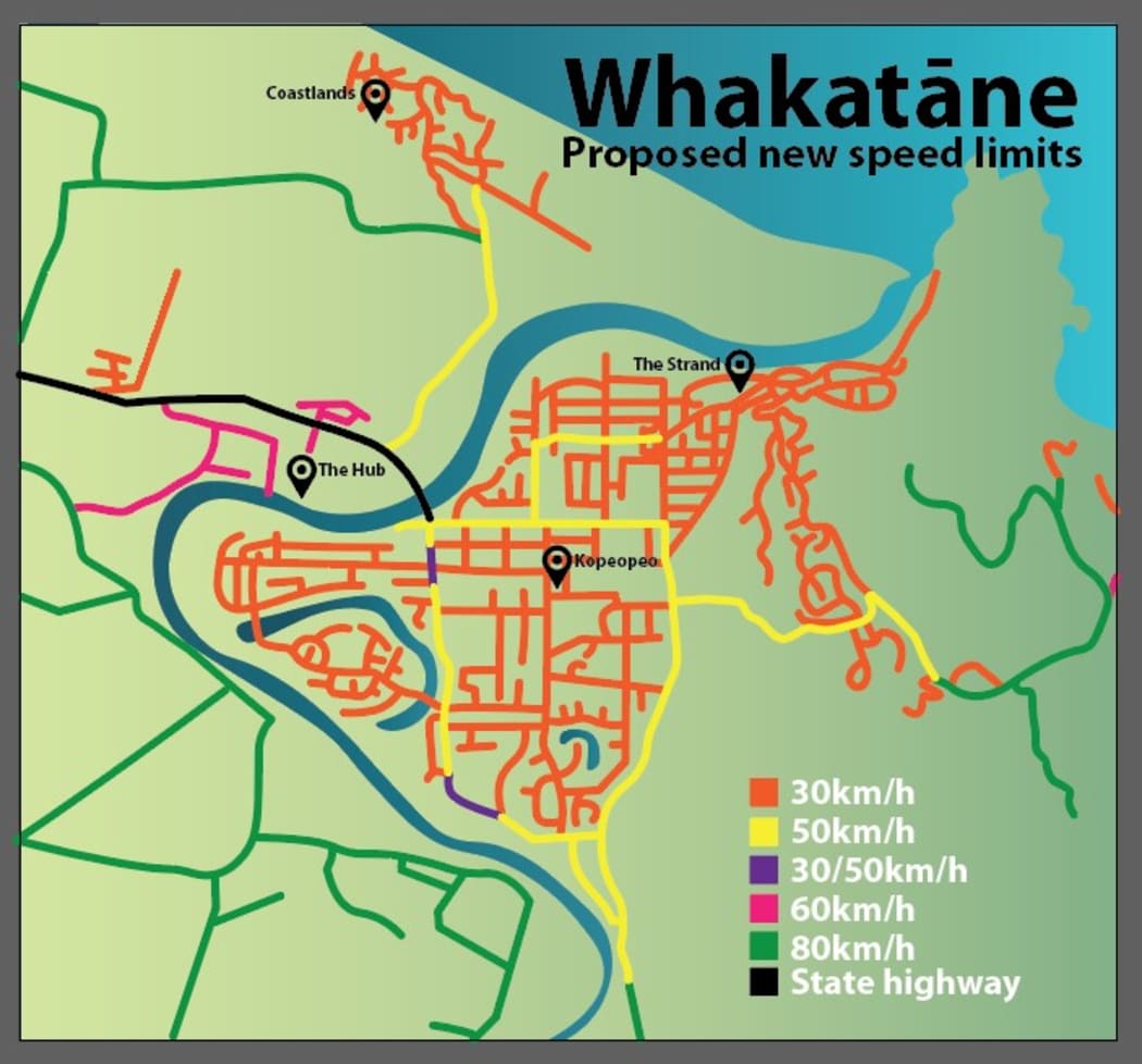 Whakatāne District Council’s proposed Speed Management Plan shows 30kmh speed limits on most streets in the Whakatāne and Ōhope urban areas.