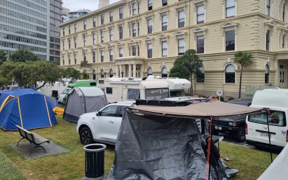 Tents set up in the grounds of the law school over the road from Parliament.