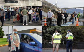 From top left, clockwise: Aucklanders checking in at Air New Zealand at the domestic terminal, Aucklanders arriving in Queenstown, police with iwi support at a checkpoint on SH1 at Uretiti, and Aucklander Lorraine Chapman is thrilled to be able to see her grandchildren again.